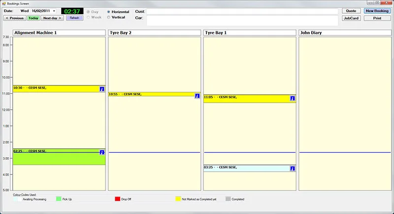 OmniTyre bookings screen showing a day across several tyre bays