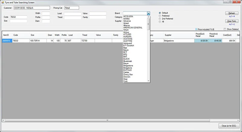 OmniTyre tyre search screen filtered by size and brand
