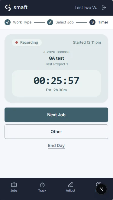 smaft worker timer on a phone, recording time against a job